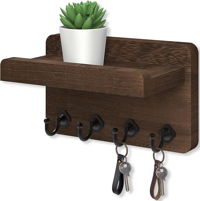 Nekon Key Holder Wall Mount, 8.5 Inch Small Home Decor Wooden Wall Organizer with 4 Hooks and Shelf, Key and Mail Holder for 