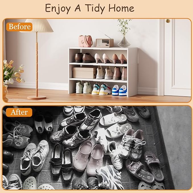 3-Tier Expandable White Shoe Rack Organizer for Closet, Stackable Shoe Racks Storage Shelf, Small Metal Wood Combination Shoe
