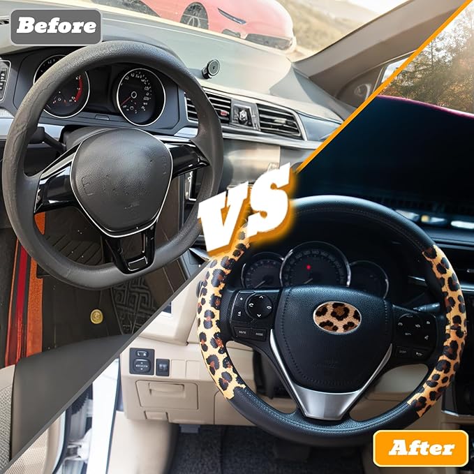 Universal Leather Leopard Cheetah Steering Wheel Cover Women 14.5-15 inch Leopard car Accessories Western Anime Brown Cute Wh