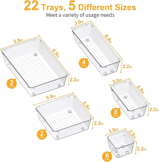 SMARTAKE 22-Piece Drawer Organizer with Non-Slip Silicone Pads, 5-Size Clear Desk Drawer Organizer Trays Storage Tray for Mak
