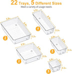 SMARTAKE 22-Piece Drawer Organizer with Non-Slip Silicone Pads, 5-Size Clear Desk Drawer Organizer Trays Storage Tray for Mak