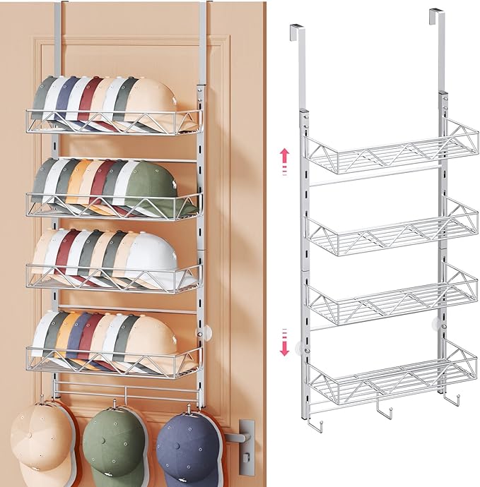 SWTYMIKI Over Door Hat Organizer - 5 Tier Wall Mounted Hat Rack with 4 Adjustable Metal Basket Heights Design and 3 Hooks, Ba