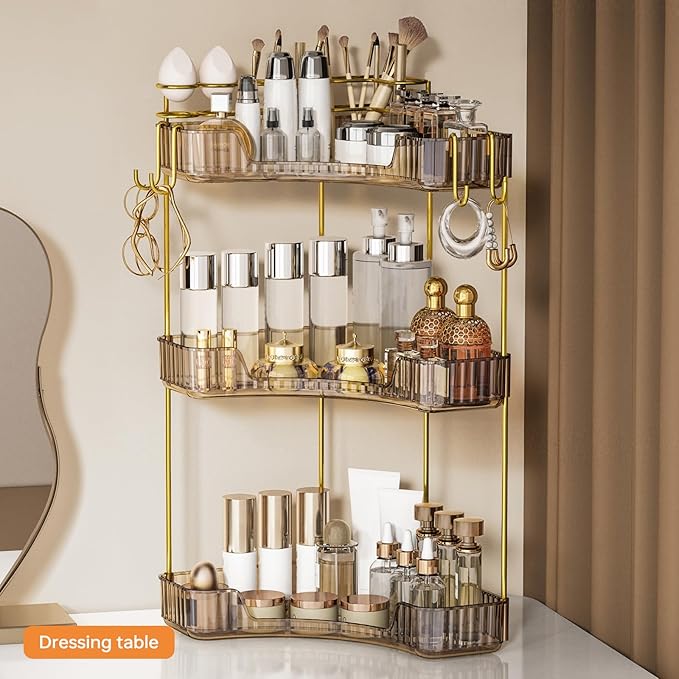 3-Tier Corner Bathroom Counter Organizer，Makeup & Skincare Shelf with Built-in Brush Holder，Space-Saving Bathroom Countertop 