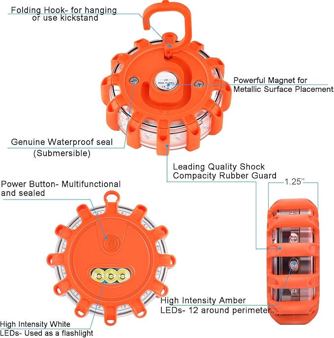 Tobfit 3 Pack LED Road Flares Emergency Lights Roadside Safety Beacon Disc Flashing Warning Flare Kit with Magnetic Base & Ho
