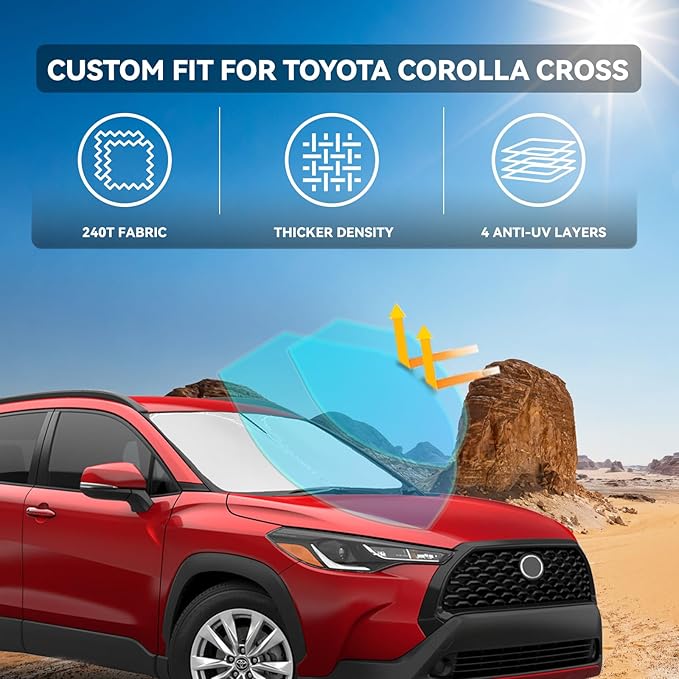 for Toyota Corolla Cross 2022-2025 2026 Windshield Sun Shade - 4 Layers Car Sunshades for Front Windows Shade Cover Custom Fit Corolla Cross Sun Visor 250T Retractable Blocks UV Rays Car Accessories