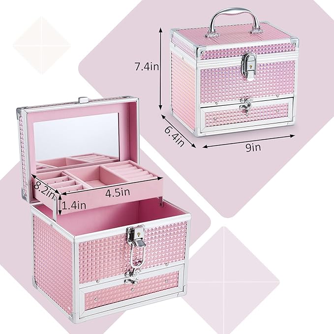 Hododou Girls Jewelry Box Organizer with Drawer & Mirror, Shiny Pink Style Lockable Storage Case for Kid or Little Girls Jewe