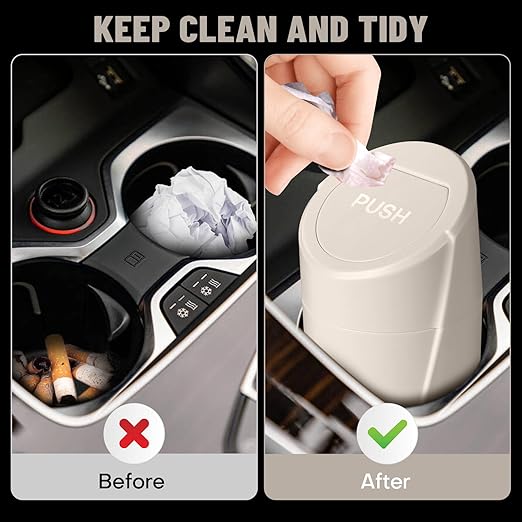 Car Trash Can Bin with Lid - Car Garbage Can Cup Holder - Light Beige Mini Leakproof Vehicle Garbage Bin with 40pcs Trash Bags-Automotive Organizers and Storage for Front Back Seat Accessories