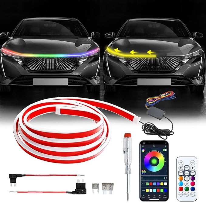 Car Led Lights Exterior RGB Hood Light Strip IP68 Waterproof Multicolor Dynamic Scan Start Up Hoodbeam Kit Compatible with Chevy Silverado 1500 2500,Truck,SUV,APP Control,12V 71inches