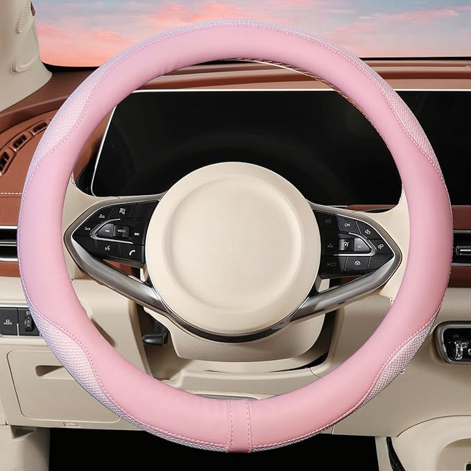 ZHOL Light Pink Steering Wheel Cover, Breathable Microfiber Leather Anti-Slip Cute Car Steering Wheel Cover for Women, Warm i
