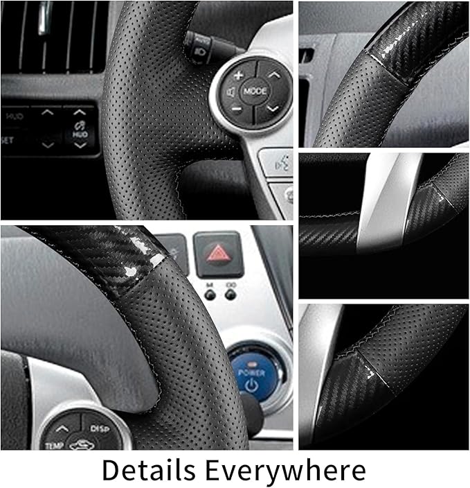 Hand-Stitch Steering Wheel Cover with Microfiber Leather & Carbon Fiber Leather Fit for Toyota Prius V 2012 2015/Prius C 2012 2015 2017/Prius 2010 2012/Prius Plus Prius Plug-in Hybrid 2013