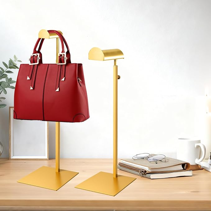 Purse Display Stand 3PCS Handbag Bag Stand Purse Rack Golden Stainless Steel Hanging Hook Stands Vendors Tabletop Adjustable 
