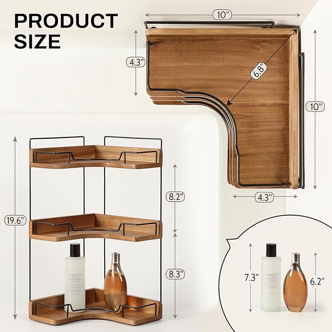 3-Tier Bathroom Counter Organizer, Wooden Corner Shelf for Vanity Countertop Skincare & Makeup, Storage and Organization for 