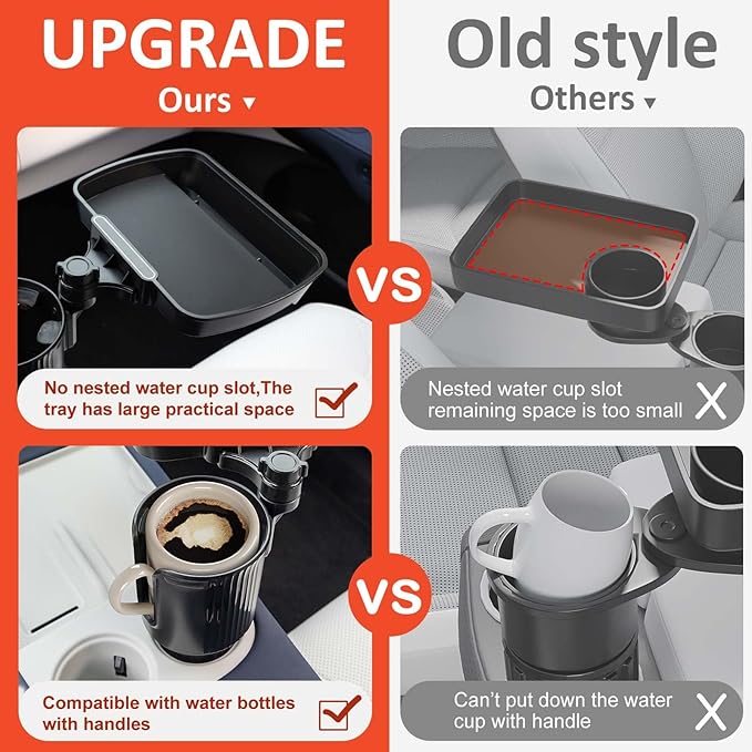 Car Large Cup Holder Expander, 2-in-1 Cupholder Extender with Swivel and Detachable Snack Food Tray Table for Eating, Travel 