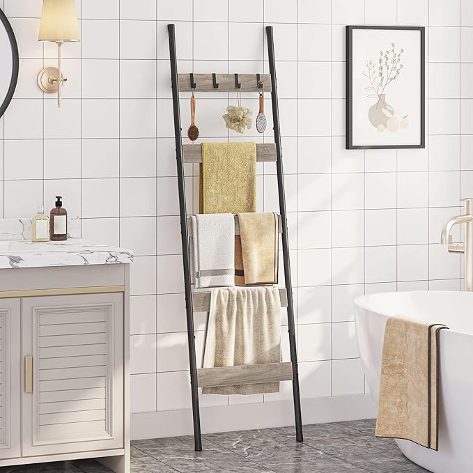 HOOBRO Blanket Ladder, 5-Tier Towel Rack with Hooks, Wall-Leaning Blanket Rack, Decorative Display Ladder Shelf, Scarves, Ind
