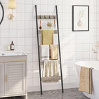 HOOBRO Blanket Ladder, 5-Tier Towel Rack with Hooks, Wall-Leaning Blanket Rack, Decorative Display Ladder Shelf, Scarves, Ind