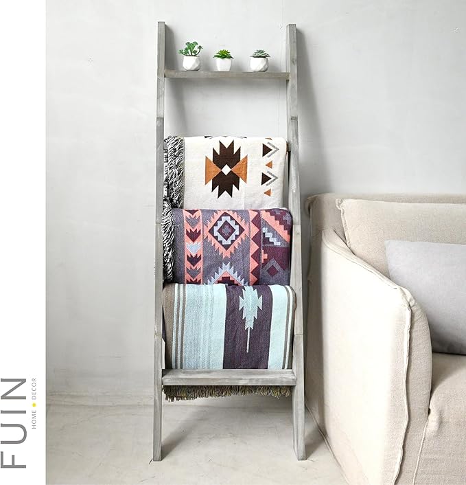 FUIN 5ft (58") Wood Blanket Ladder Living Room Decorative Wall Leaning Farmhouse Quilt Display Holder Shelf Rustic Wooden Tow