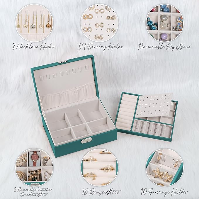 Jewelry Box for Women Girls, 2 Layers Jewelry Organizer Container with Lock, PU Leather Storage Case with Removable Tray, Jew
