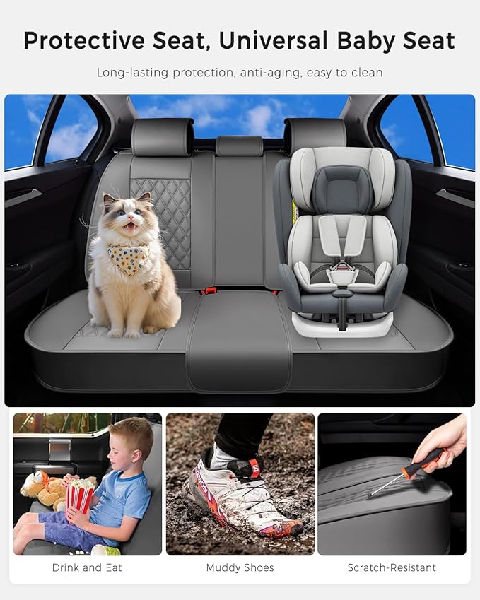 Huidasource Gray Back Seat Cover, Rear Split Bench Leather Rear Seat Cover, Adjustable Back Seat Car Cover with Non-Slip, Uni