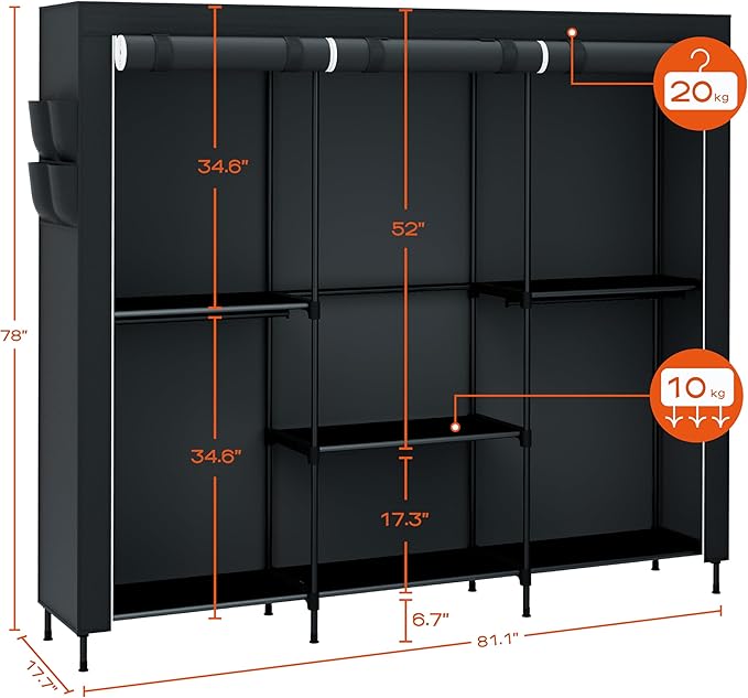 CASAMAYA Portable Closet, 81.5 Inch Extra Large Capacity Wardrobe Closet with Cover, Clothes Storage Organizer with Shelves a