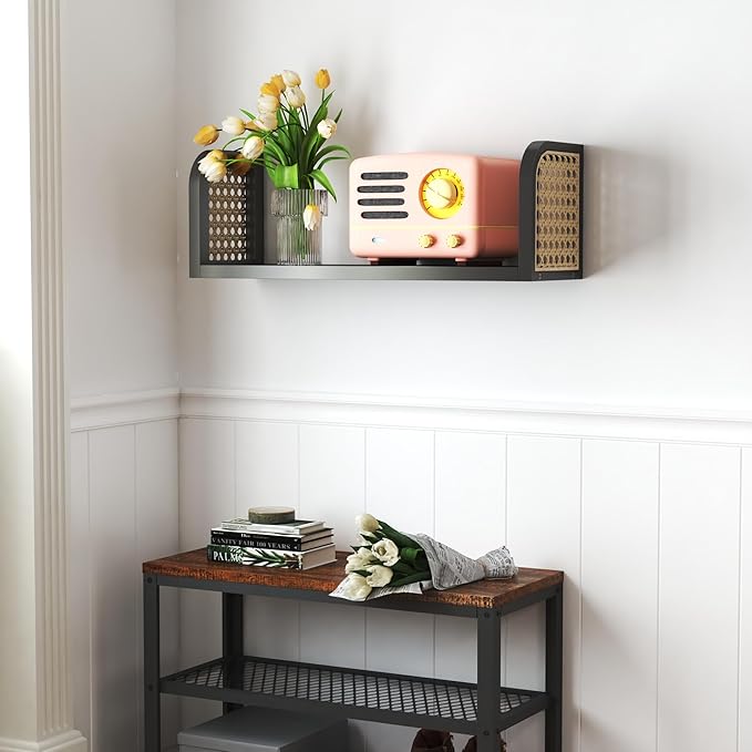 17 Inch Black Rattan Wall Shelf, Wooden Hanging Bookshelf Storage, Cute Nursery Shelves Wall Mounted, Boho Decorative Floatin