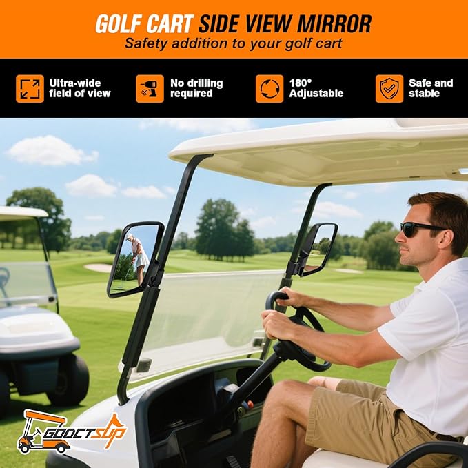 Golf Cart Mirrors, No Drilling Golf Cart Side Mirrors for Club Car EZGO YAMAHA and Others Square Tube Carts Roof Bracket(0.75/1/1.25 inch), Durable Anti-Shudder, 180 Degree Rotation