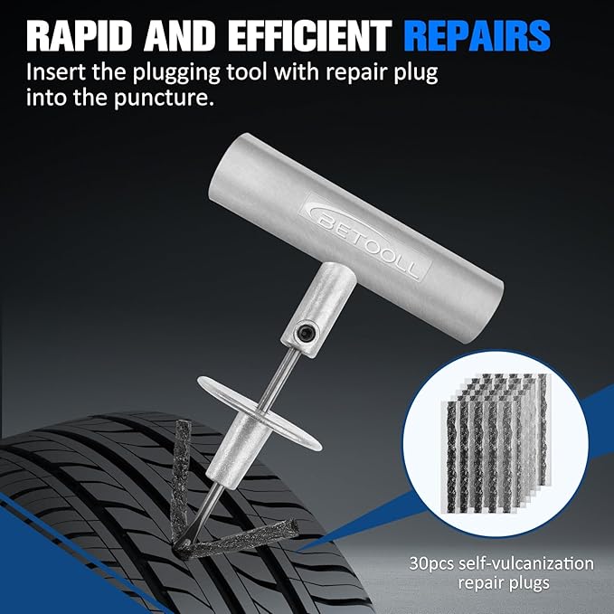 BETOOLL Tire Repair Kit, 44 Pcs Professional Heavy Duty Universal Emergency Flat Tire Repair Kit to Fix Punctures, for car Mo