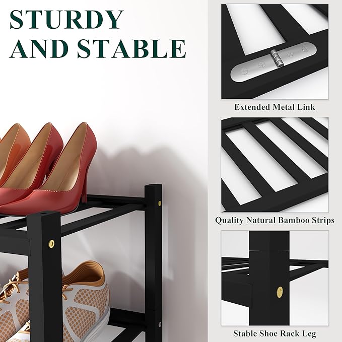 Smiry Bamboo Shoe Rack for Closet, 2 Tier Long Wooden Stackable Shoe Organizer, Free Standing Shoes Storage Shelf for Entrywa