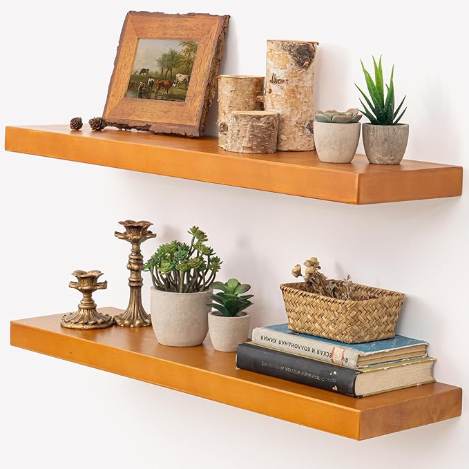 Marsmiles 30 Inch Floating Shelves | Rustic Honey Oak Wall Shelves Set of 2 | 30" W x 7.7" D x 1.6" H Wooden Shelves for Bath