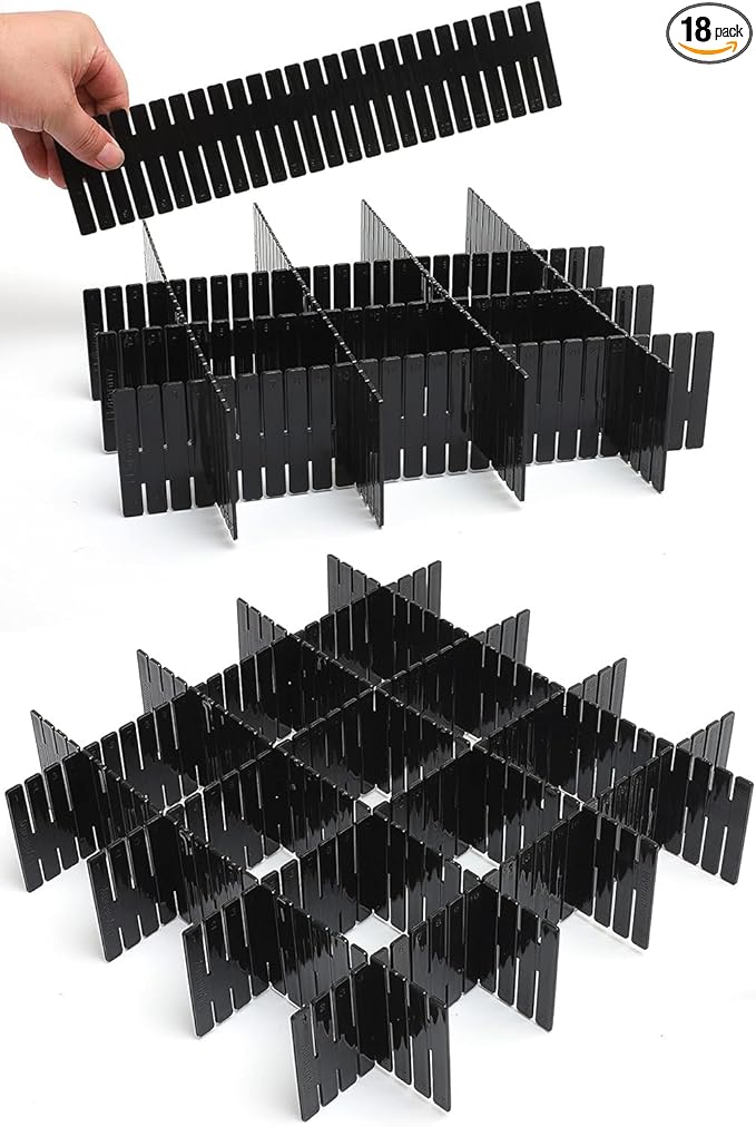 18Pcs Drawer Dividers, Adjustable Drawer Organizer for Socks, Underwear, Makeup, Can Help Tidy Kitchen, Bedroom, Dresser Blac