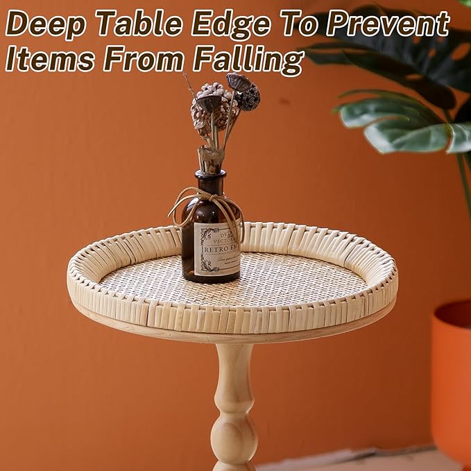 Solid Wood Wall Shelf 3-Tier,Small Side Table,Rustic Floating Shelves Wall Mounted Storage Rack,Rattan Drink Table, Round Sid