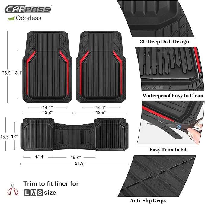 CAR PASS Heavy Duty Rubber Floor Mats for Car, Waterproof Liner Deep Dish Car Mats Full Sets, Universal Trim to Fit for SUV Truck Sedans Vans, All Weather Automotive Floor Mats 3pcs, Black Red