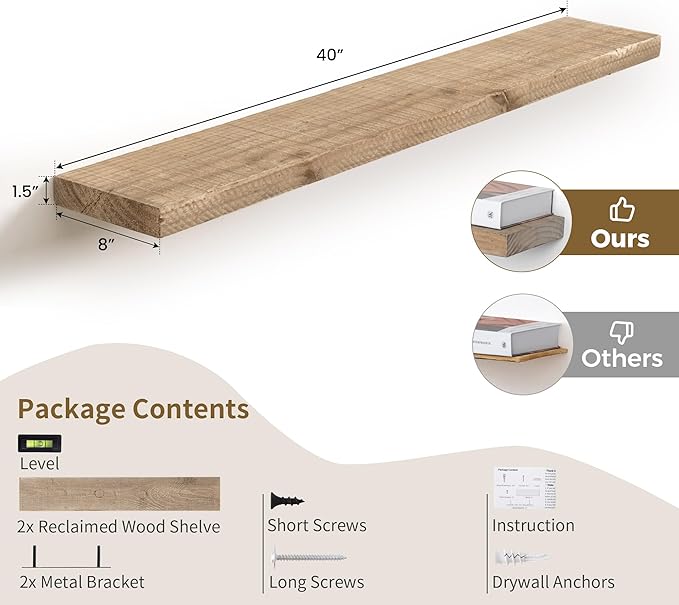 44 Inch Long Solid Wood Floating Shelves for Wall,Reclaimed Wood Wall Shelf for Storage,8 Inch Deep Heavy-Duty Wall Mounted S