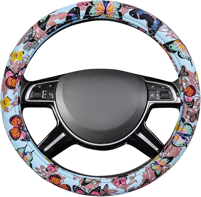 CAR-GRAND Pretty Colorful Butterfly Steering Wheel Cover, Universal 14.5-15 Inch Anti-Slip Leather Car Wheel Protector for Wo