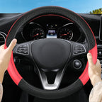 Leather Patchwork Black Red Steering Wheel Cover, 14.5-15 Inch Non-Slip Breathable Microfiber Car Steering Wheel Protector