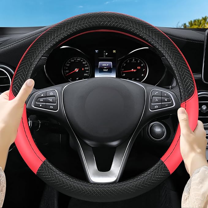 Leather Patchwork Black Red Steering Wheel Cover, 14.5-15 Inch Non-Slip Breathable Microfiber Car Steering Wheel Protector