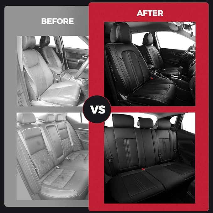 FREESOO Black Car Seat Covers Full Set, Universal Leather Seat Covers for Cars Trucks SUV, Waterproof Car Seat Cover Back Sea