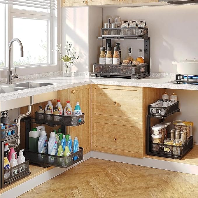 1 Pack 15.7IN-Depth Under Sink Organizer With Smooth Cylindrical Rail,2-Tier Pull Out Multi-Purpose Cabinet Storage for Bathr