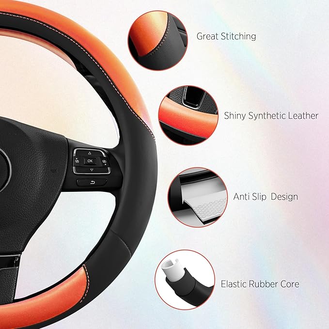 Road Comforts Steering Wheel Cover – Breathable Leather Steering Wheel Cover, Anti-Slip Grip, Universal Fit 14.5” to 15”, Hea