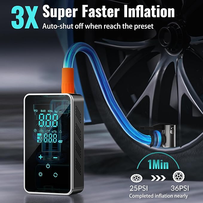 Tire Inflator Portable Air Compressor-150PSI Air Pump for Car, Bike Pump Touch Screen/Gauge/Light, Tire Pump 3X Faster Inflation with Tire Pressure Gauge for Motorcycle, Bike, Ball