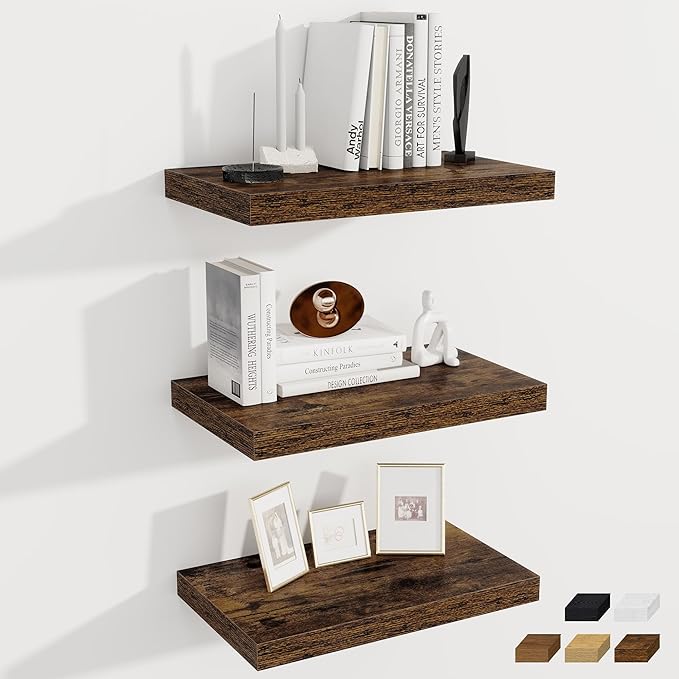 Fun Memories 12 Inch Deep Floating Shelves for Wall, 20 Inch Long Wall Mounted Storage Shelf, 3 Pack Hanging Wood Shelf for F