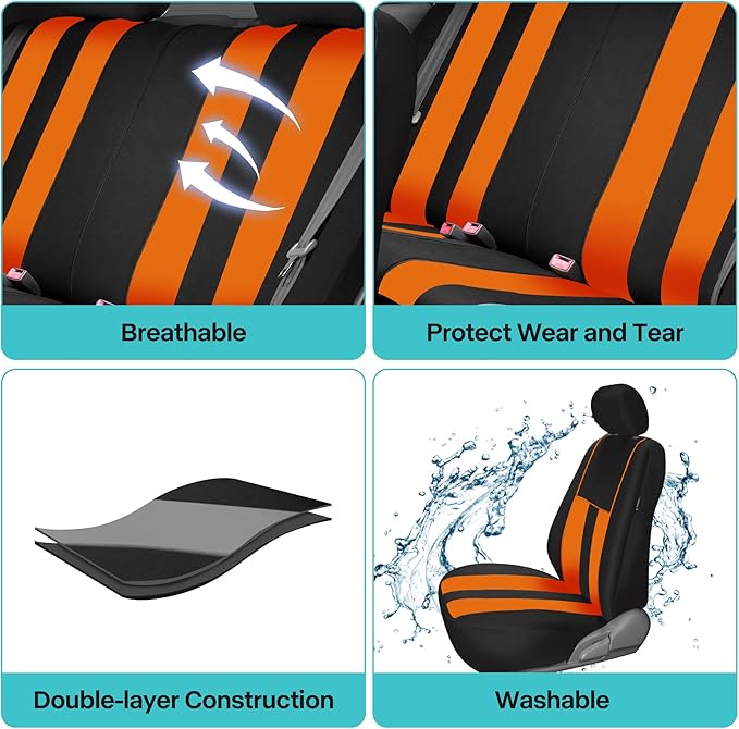 FH Group Orange Polyester Car Seat Covers - Full Set with Front and Rear Seat Cover, Universal Fit, Striking Striped Design, 