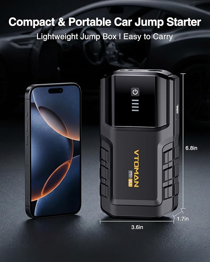 VTOMAN VL3 Jump Starter Upgraded with LiFePO4 Battery, 3000A Portable Car Battery Booster for Up to 7.0L Gas and 5.0L Diesel Engines, 12V Jump Box with LED Flashlight, Jumper Cable, Storage Bag