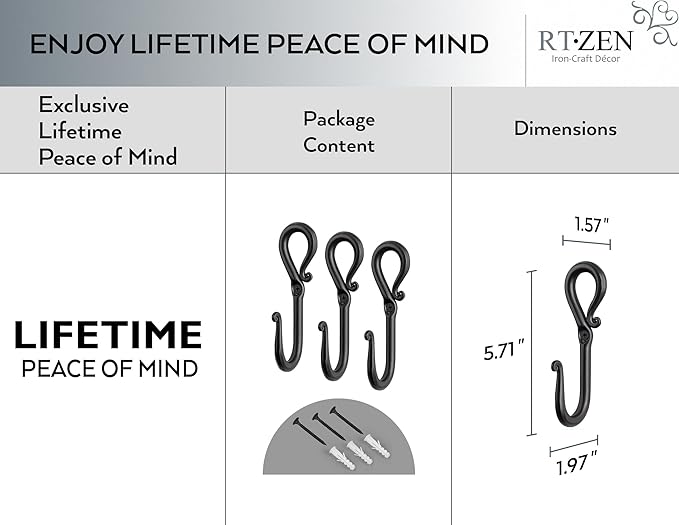 RTZEN Wall Mount Hook Set - Wrought Iron Decorative Rustic Metal Coat Hooks for Hanging - Handcrafted Classic Farmhouse Wall 