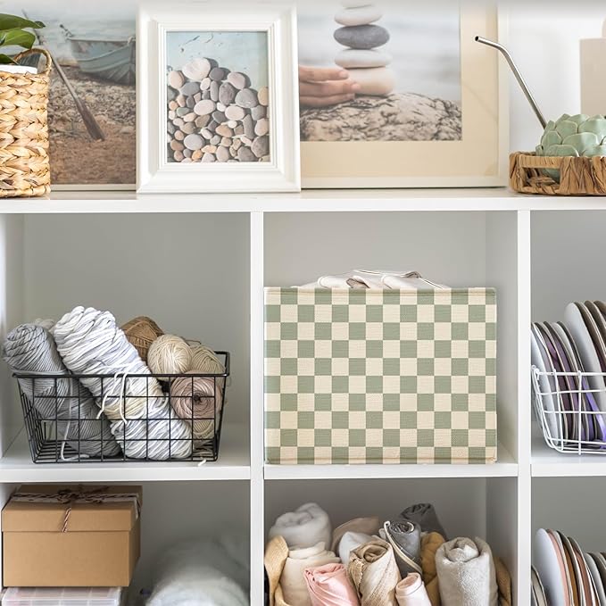 Sage Green Checkered Storage Basket Organizer Bins With Handles,Rectangular Organizing Decorative Storage Basket for Kids,Cut