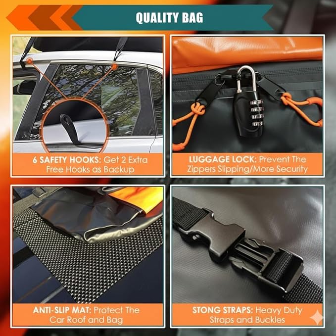 15cu ft Waterproof Car Roof Bag - Universal Fit, Anti-Slip Mat, 8 Straps & Lock Included