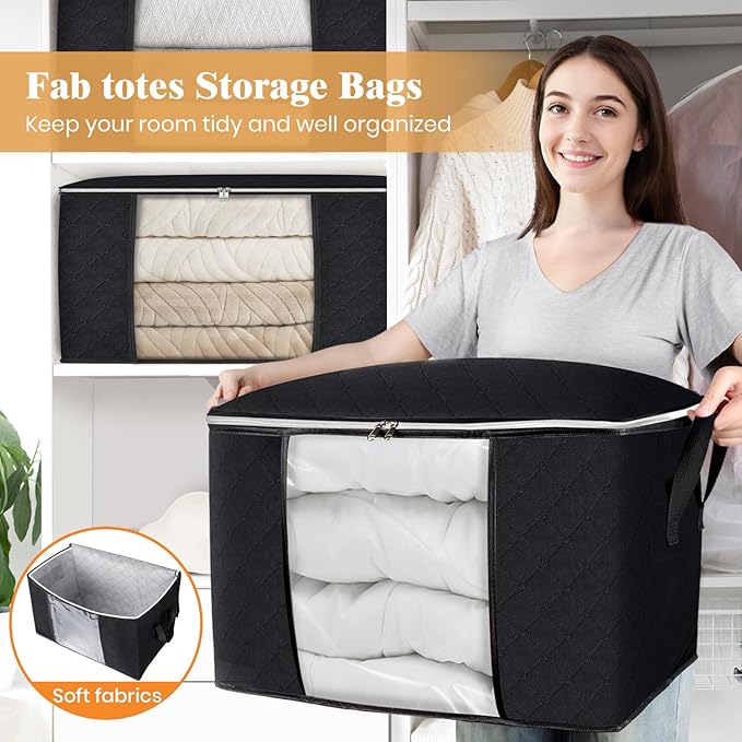 Fab totes 24 Gallons Clothes Storage, Foldable Thick Fabric Blanket Storage Bags, Containers for Organizing Bedroom, Closet, 
