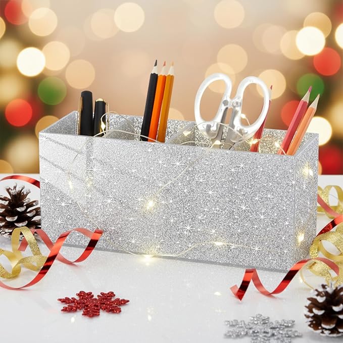 Jetec Acrylic Glitter Pen Holder 4 Compartments Bling Makeup Brush Stationery Organizer Pencil Holder for Desk Accessories Sp