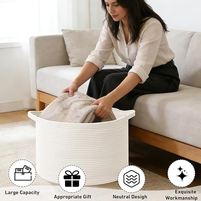 115L Extra Large Woven Cotton Rope Blanket Basket with Handles, Laundry Hamper Storage Bin for Pillows, Comforters,Clothes, T