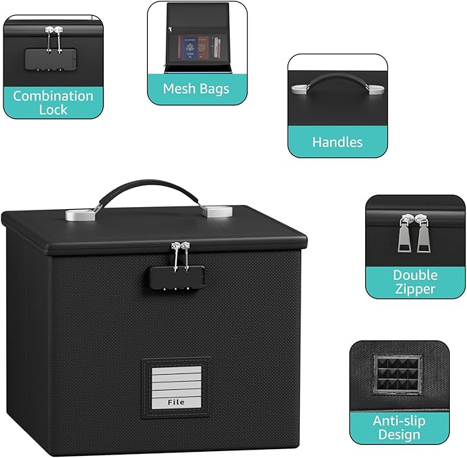 2 Pack Fireproof Document Box File Organizer - Portable Waterproof Fire Safe Locking Filing Storage Box with Handle for Hangi