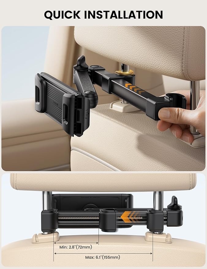 Lamicall Car Headrest Tablet Holder - [Foldable Clip] [Lockable] Tablet Mount for Car Backseat, Car Accessories for Kids, for iPad Pro, Air, Mini, Galaxy Tab, Fire HD, 5.4-13" Tablets and Phones